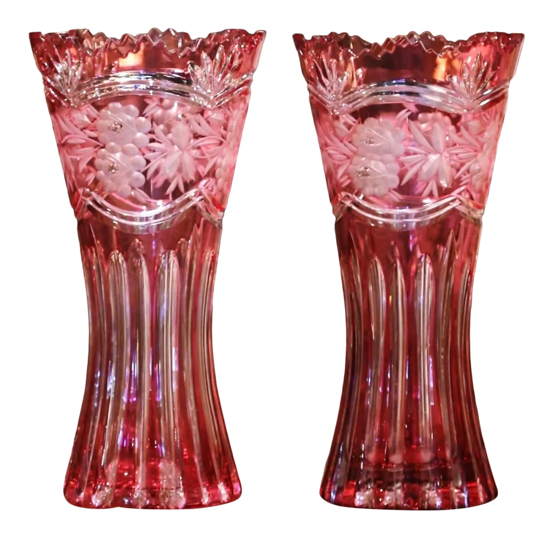 Mid-Century French Cut Crystal Trumpet Vases With Frosted Floral Motifs - a Pair: Decorate a console or buffet with this elegant pair of crystal trumpet vases in the manner of Saint Louis. Crafted in France, circa 1960 and round in shape, the large luxurious cut glass vessels are