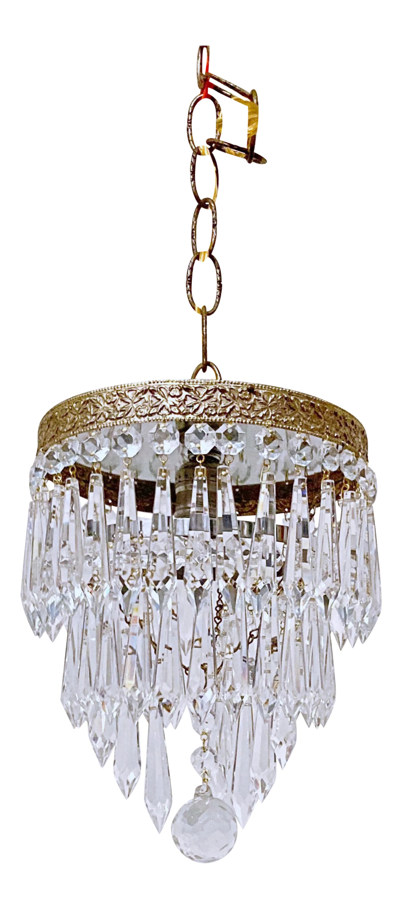 Vintage 1960s Italian Brass Rim Upside Down Layered Chandelier: This is an Italian brass rim chandelier dressed with octagon beads and U-drop crystals drops. It has one Edison base socket that was rewired and restored. It can be either hanged with the chain or con