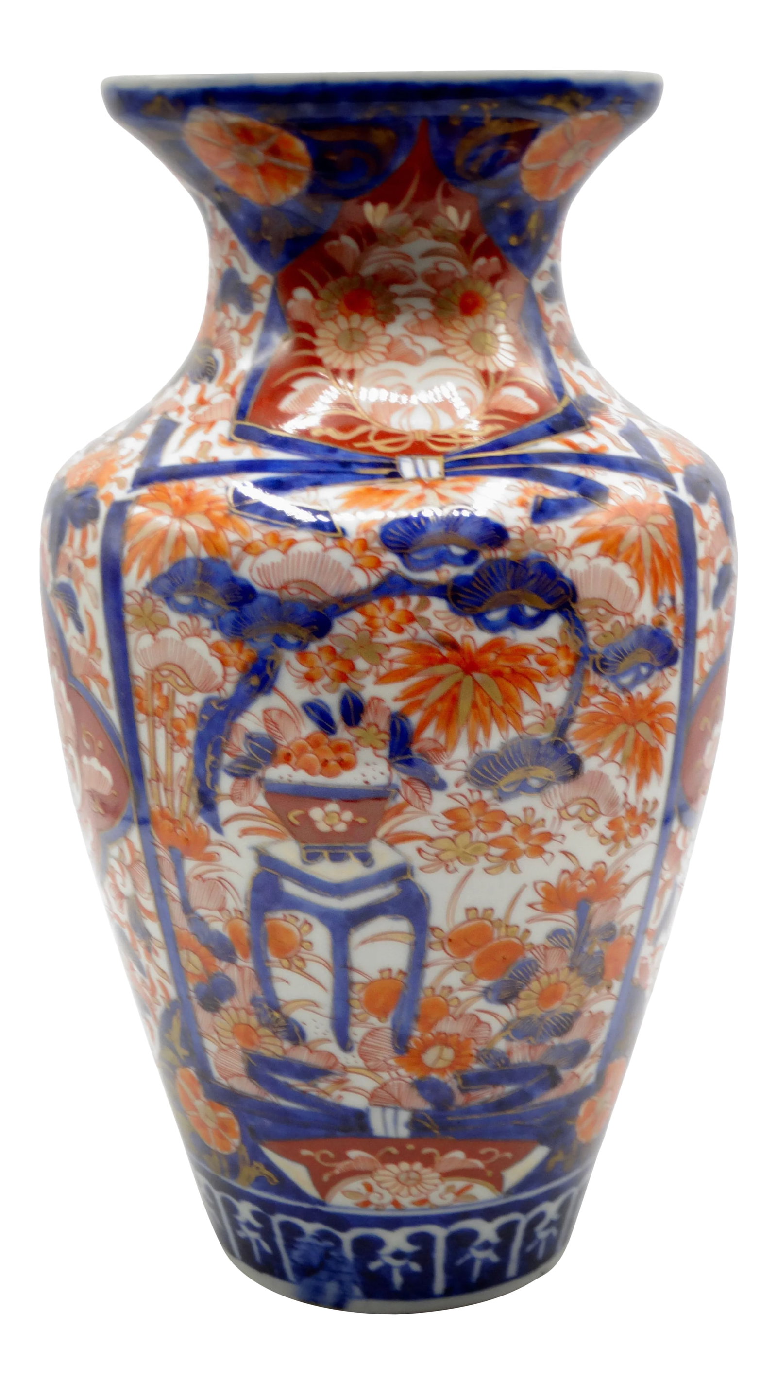 19th-Century Japanese Imari Porcelain Vase 12" Tall: 19th-Century Japanese Arita Imari porcelain vase with baluster body and flared neck. It is hand painted in iron red and blue with center medallion shields and garden scenes. A nice large statement vas