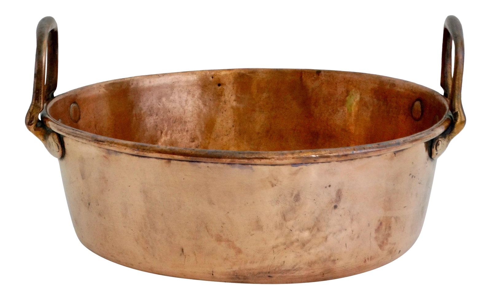19th-Century Large French Copper Pan: Large 19th-Century French hand crafted copper pan. It is heavy professional gauge copper has a rolled edge rim, handles and weighs 5-1/2 pounds. It retains a beautiful patina and is decorative and