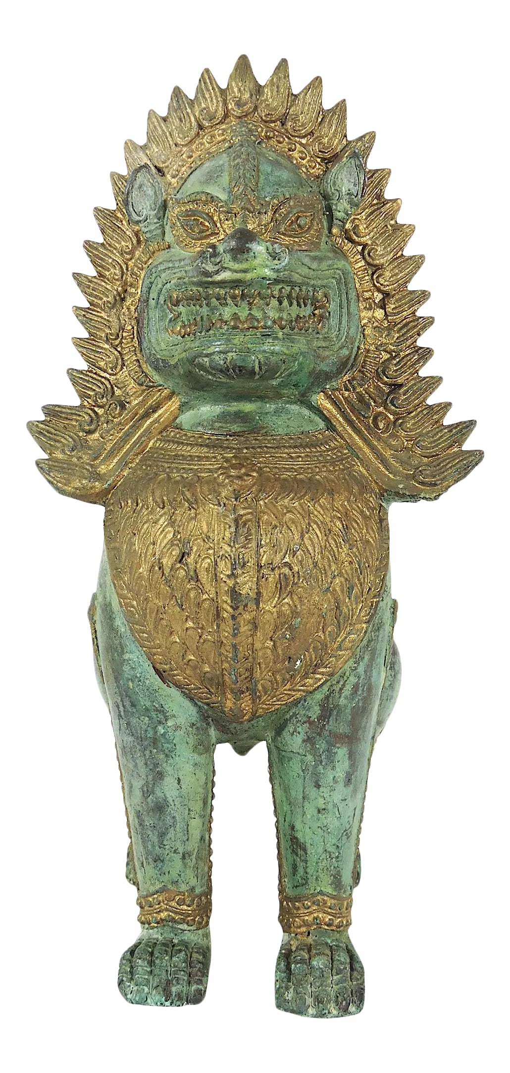Khymer Gilt and Bronze Singha Temple Guardian Lion Statue (Thai): A magnificent Singha lion made of bronze, or similar cast metal, highlighted with ornate gilt/gold decoration and wonderfully patinated. The piece has obtained a patinated finish which contrasts with