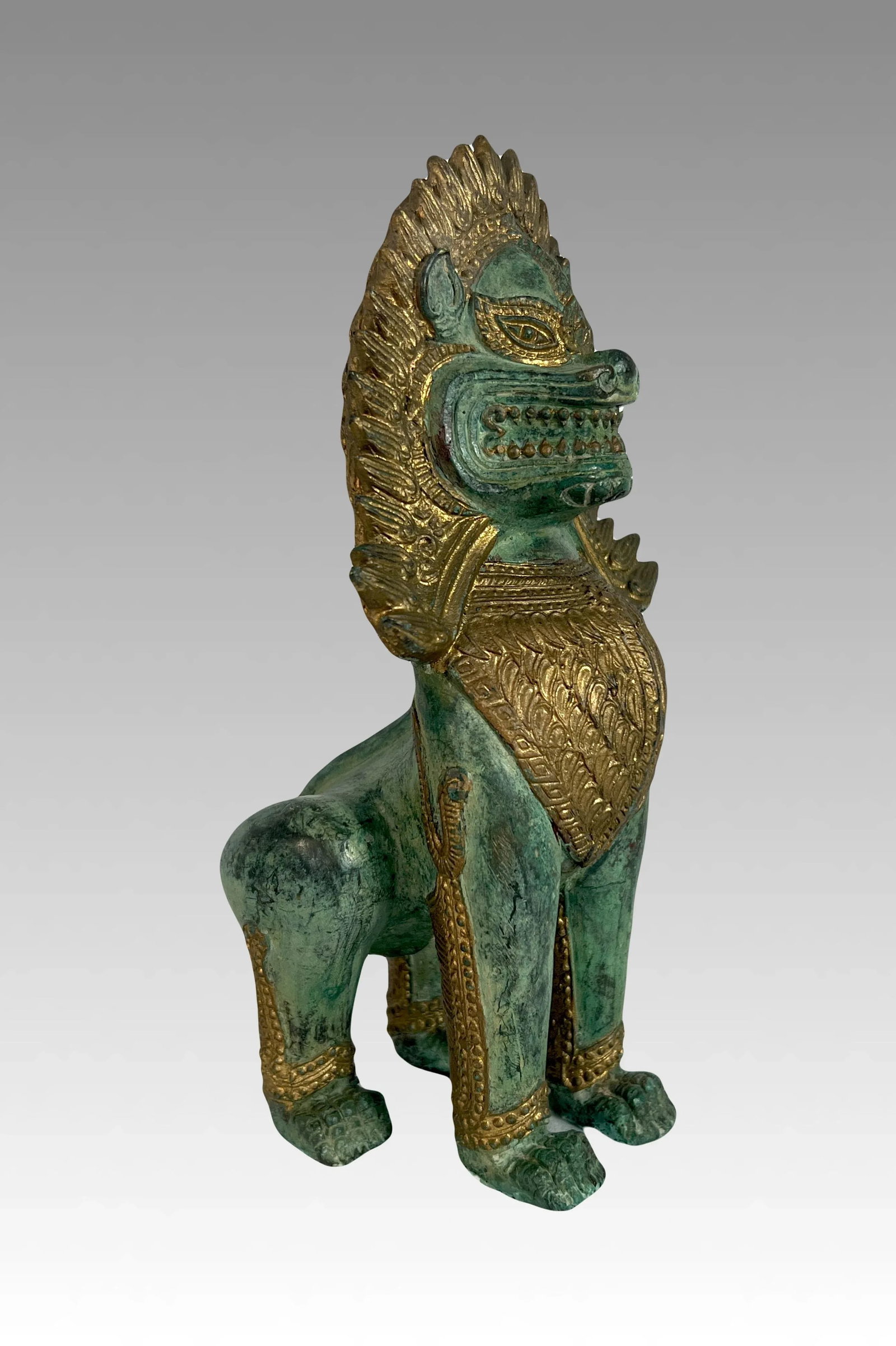 Khymer Gilt and Bronze Singha Temple Guardian Lion Statue (Thai) - 3