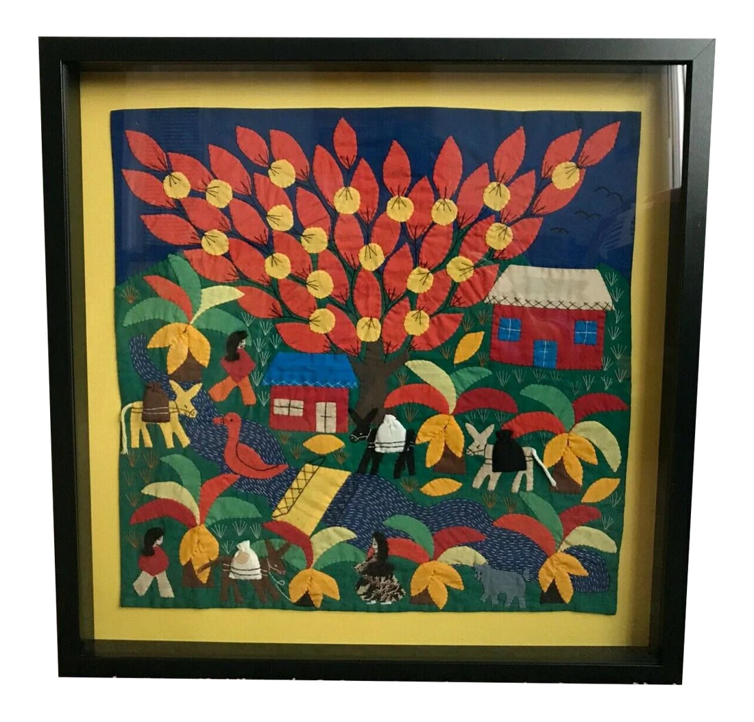 Handmade Arpillera Art Mercado Framed 3-D Wall Hanging Tapestry, Peru: Handmade Arpillera Art Mercado wall hanging tapestry 3-D Peru. Tapestry: 17" x 17" Frame: 21.5" x 21.5" Very good condition! Condition: Alterations: Original Condition Unaltered Imperfections: Some Im