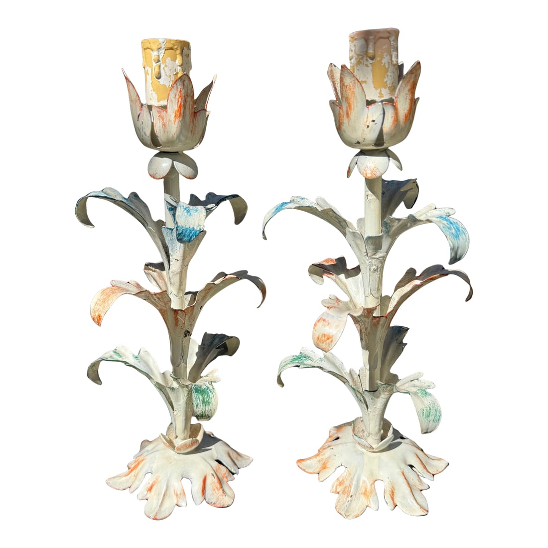 1950s Pair of Diminutive Floral Italian Style Tole Lamps: Very pretty pair of diminutive floral Italian style toleware lamps. Floral design in white enameled metal and colorful painted accents in blue, orange, and green. Very good vintage condition. Natural