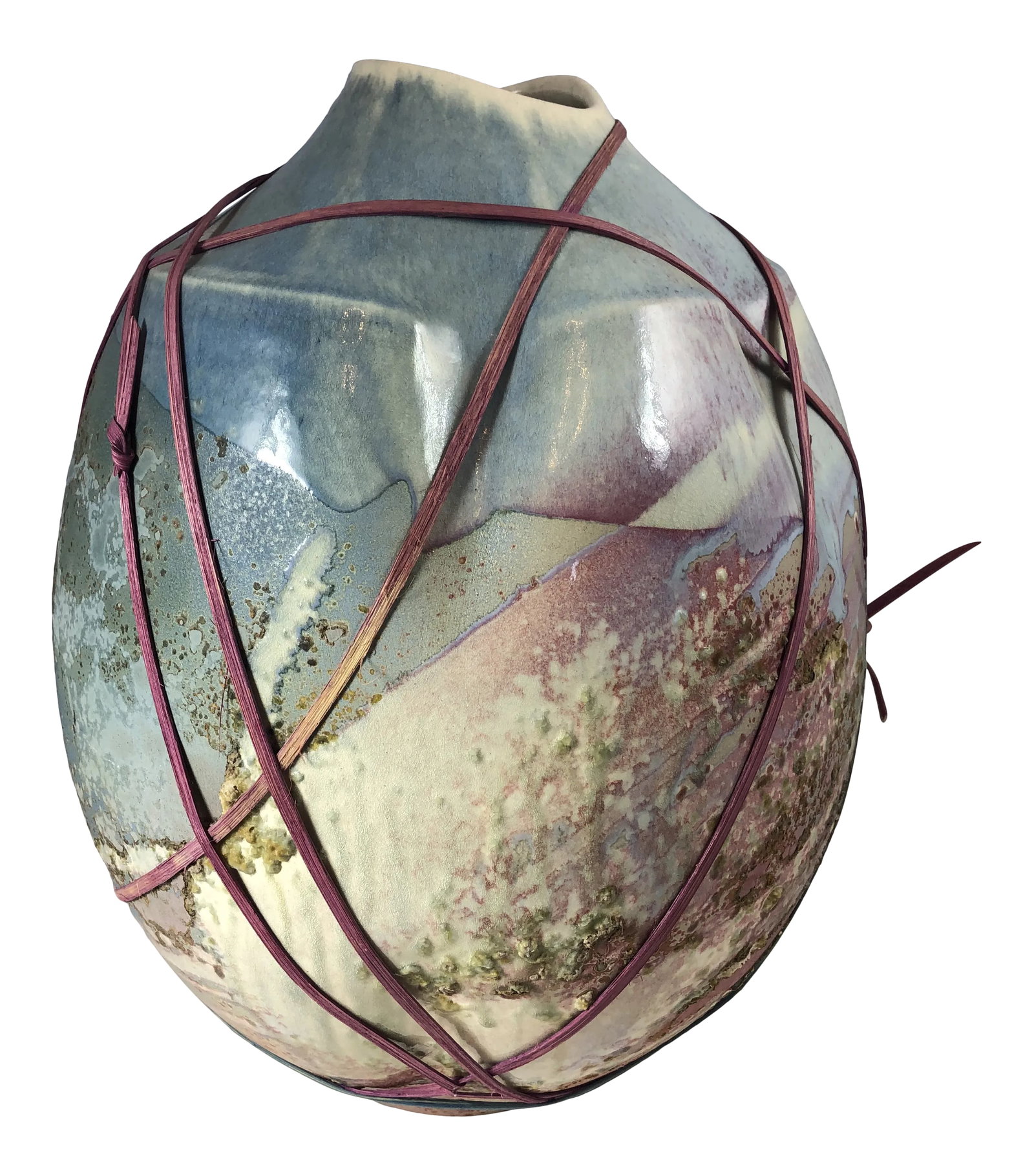 Mid 20th Century Tony Evans Raku Oversized Vessel: From the master of ceramic vessels Tony Evans- This mid century Raku hand formed ceramic vessel is an original piece of artwork. The rich natural colors of blues, greens, pinks, beiges and grays and