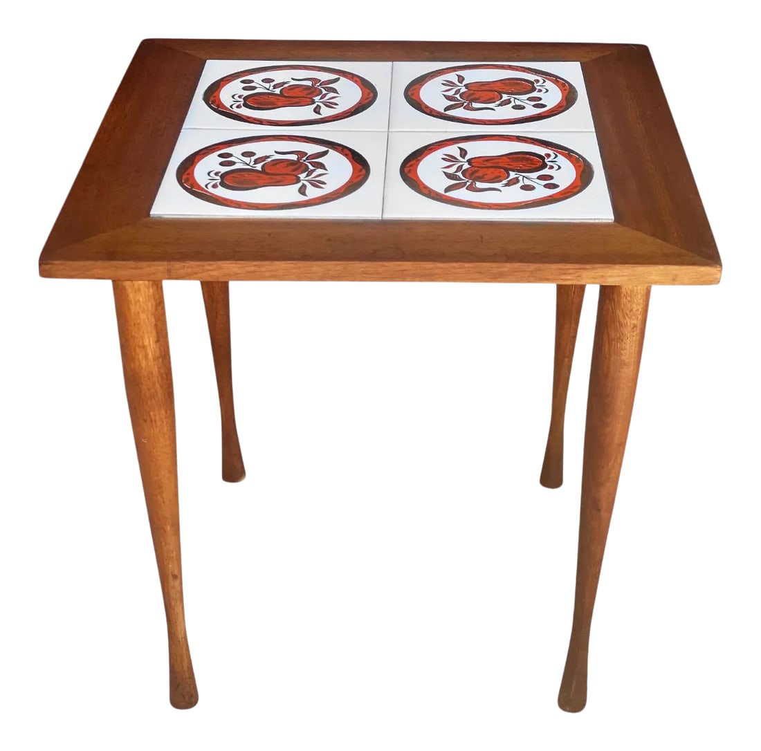 Mid-Century Modern Danish Teak Fruit Tile Top Plant Stand Table: A Danish Modern Teak Tile Top Plant Stand Table, c. Mid 20th Century. This Table would look exceptional while on display in an array of interior styles. Compliment this End Table with a group of small