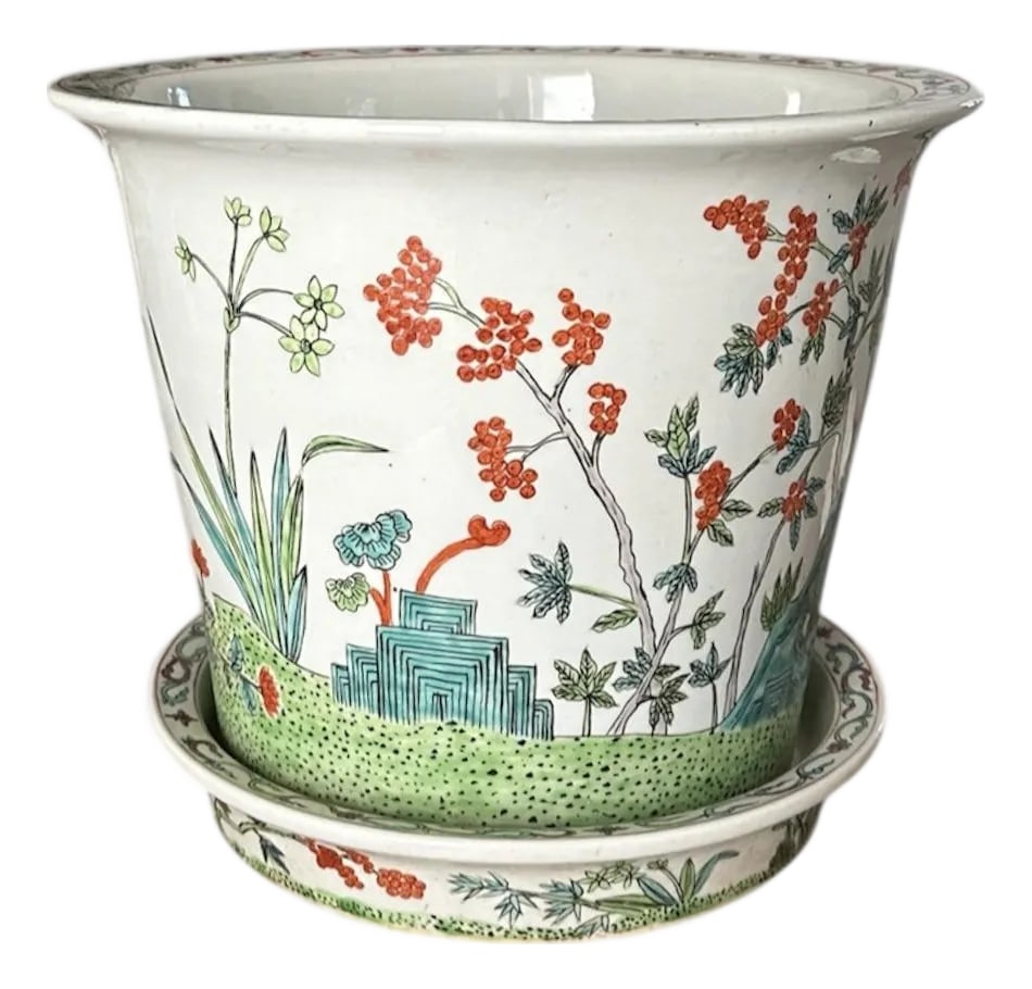 20th Century Large Hand Painted Chinese Famille Verte / Rose Cache Pot / Cachepot / Jardiniere / Pla: A vintage, 20th century, Famille Verte planter. Features hand painted details depicting florals and bamboo on a white ground. Unmarked. Condition: Alterations: Original Condition Unaltered