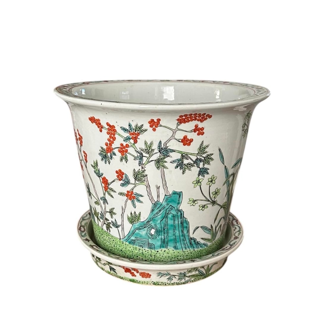 20th Century Large Hand Painted Chinese Famille Verte / Rose Cache Pot / Cachepot / Jardiniere / Pla - 2