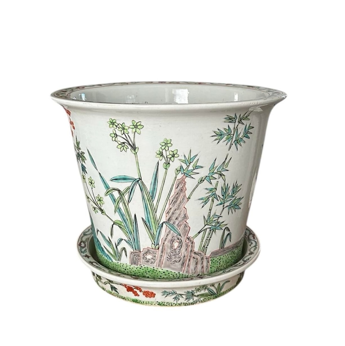 20th Century Large Hand Painted Chinese Famille Verte / Rose Cache Pot / Cachepot / Jardiniere / Pla - 3