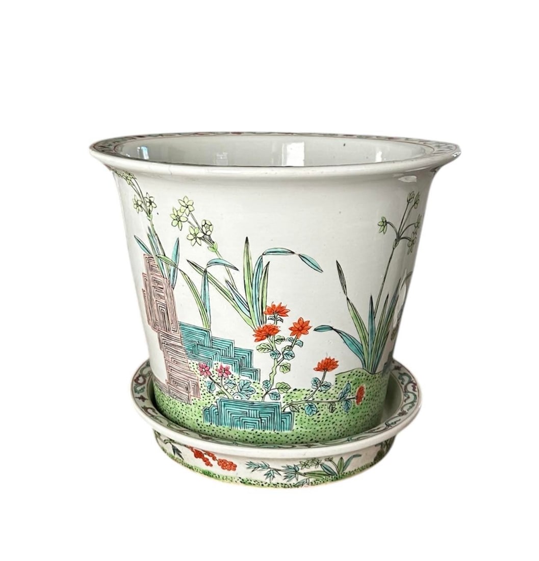 20th Century Large Hand Painted Chinese Famille Verte / Rose Cache Pot / Cachepot / Jardiniere / Pla - 4