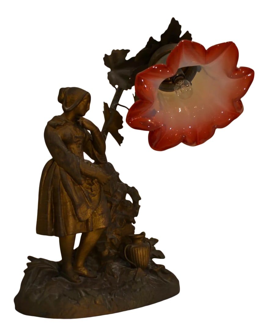 Antique Metal Figural Table Lamp With Glass Shade: Vintage cast metal figural table lamp with glass shade Origin unknown, but French influence Condition: Alterations: Original Condition Unaltered Imperfections: Some Imperfections Condition Notes: Exce