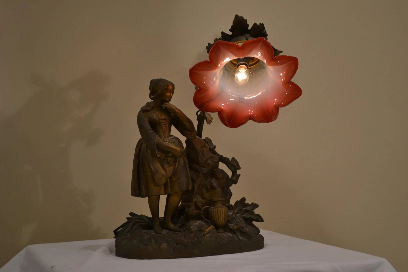 Antique Metal Figural Table Lamp With Glass Shade - 2