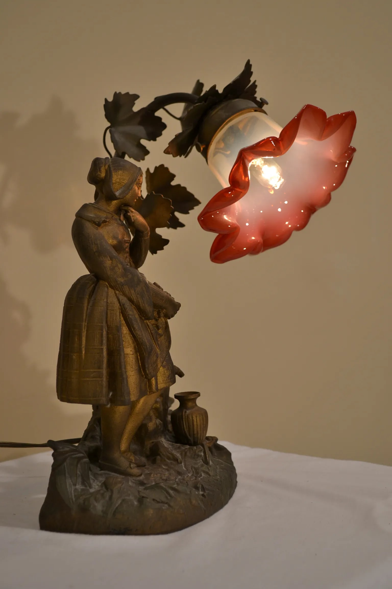 Antique Metal Figural Table Lamp With Glass Shade - 3