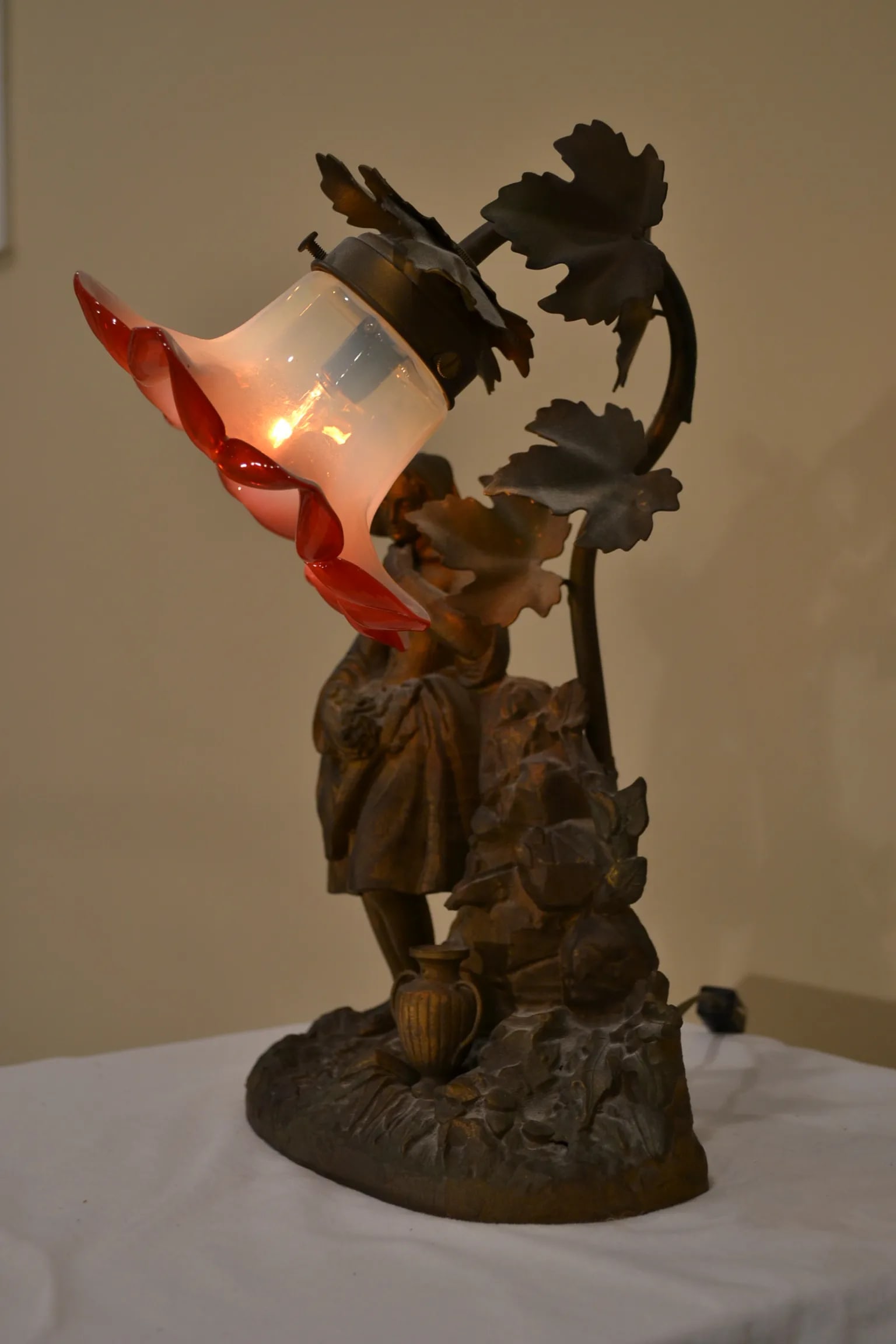 Antique Metal Figural Table Lamp With Glass Shade - 5