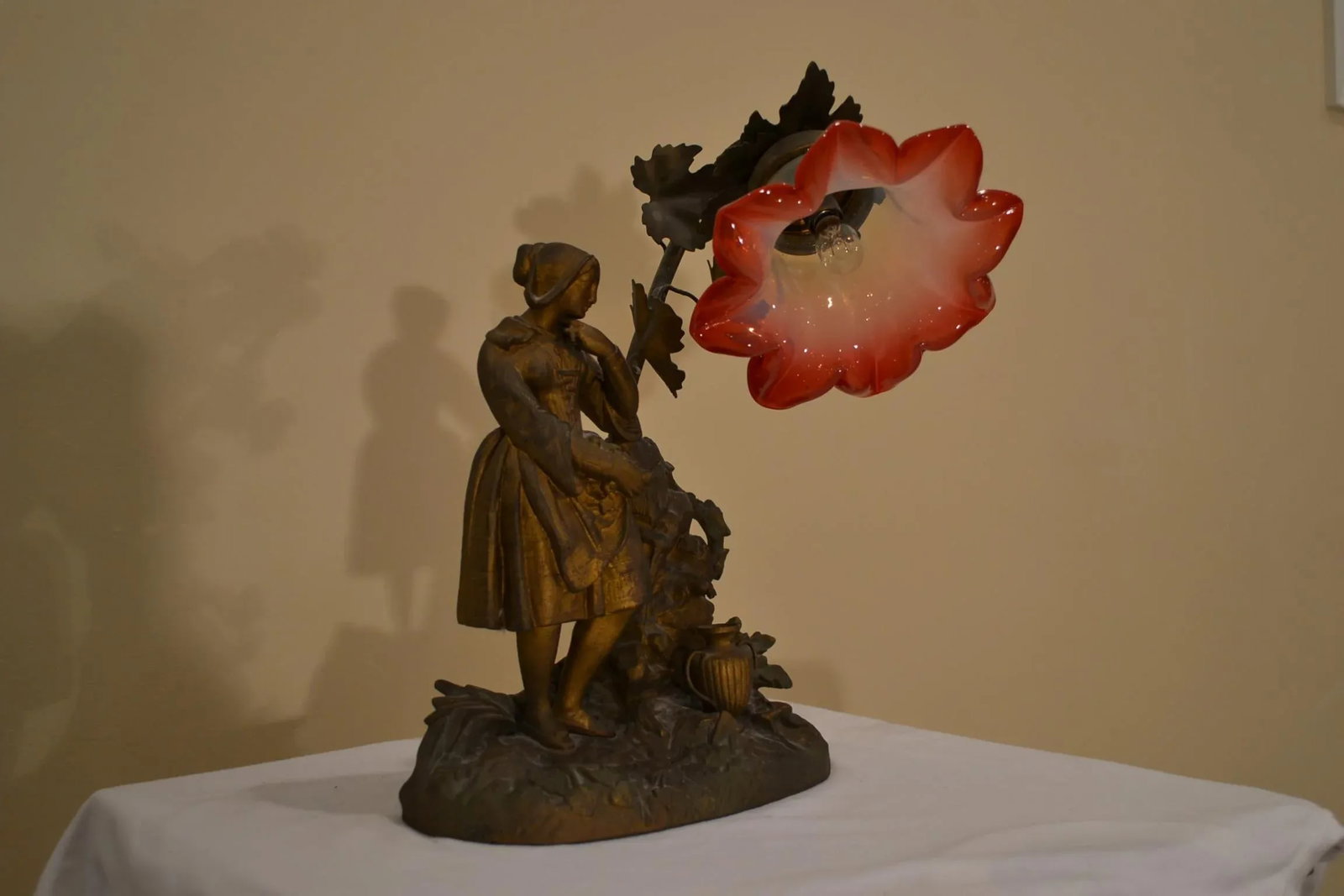 Antique Metal Figural Table Lamp With Glass Shade - 8