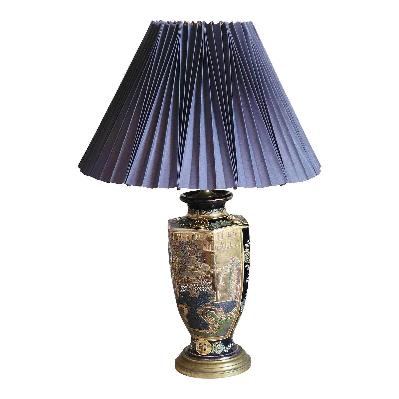 Gorgeous Vintage Hexagonal Asian Lamp: This beautiful lamp features embossed scenes of classical architecture, lush foliage, and figures in Asian traditional attire. The surface is richly painted in jewel tones-crimson, cobalt,