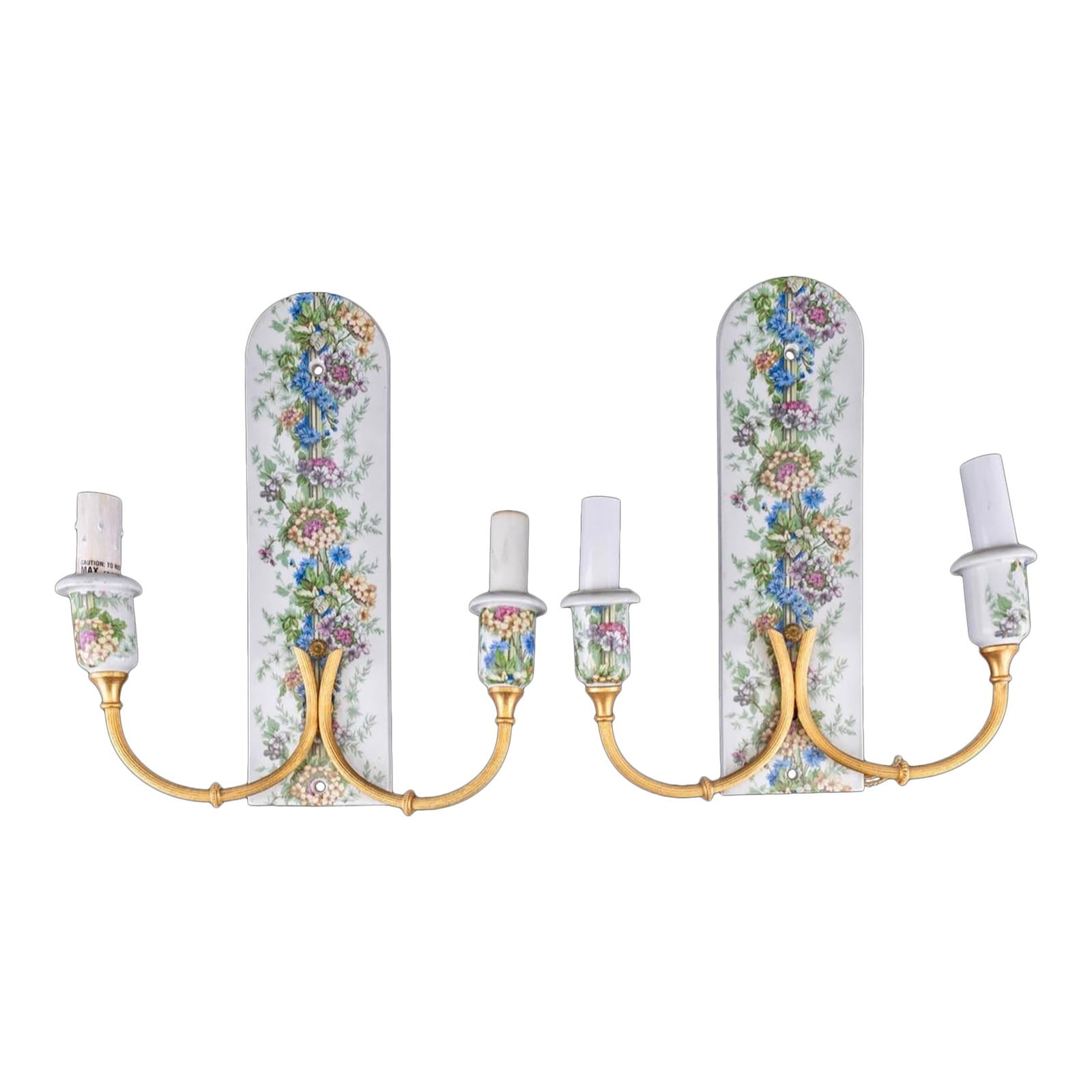 Pair of Vintage Porcelaine De Paris Floral & Gilt Two-Arm Wall Sconces - 12"h: A breathtaking pair of vintage Porcelaine de Paris wall sconces, exquisitely hand-decorated with delicate floral garlands in tones of cornflower blue, lilac, blush, and soft green. The fine porcelain 
