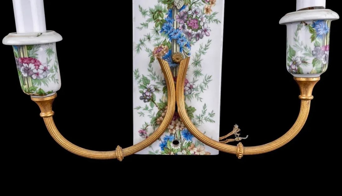 Pair of Vintage Porcelaine De Paris Floral & Gilt Two-Arm Wall Sconces - 12"h - 3