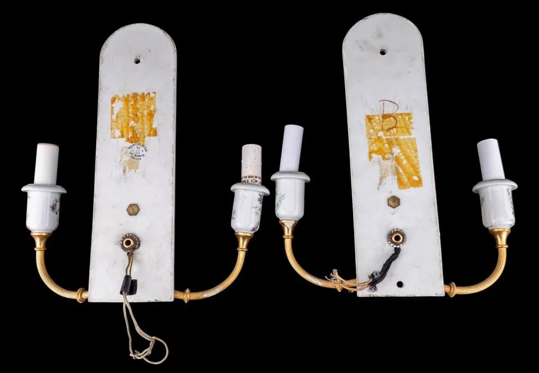 Pair of Vintage Porcelaine De Paris Floral & Gilt Two-Arm Wall Sconces - 12"h - 4