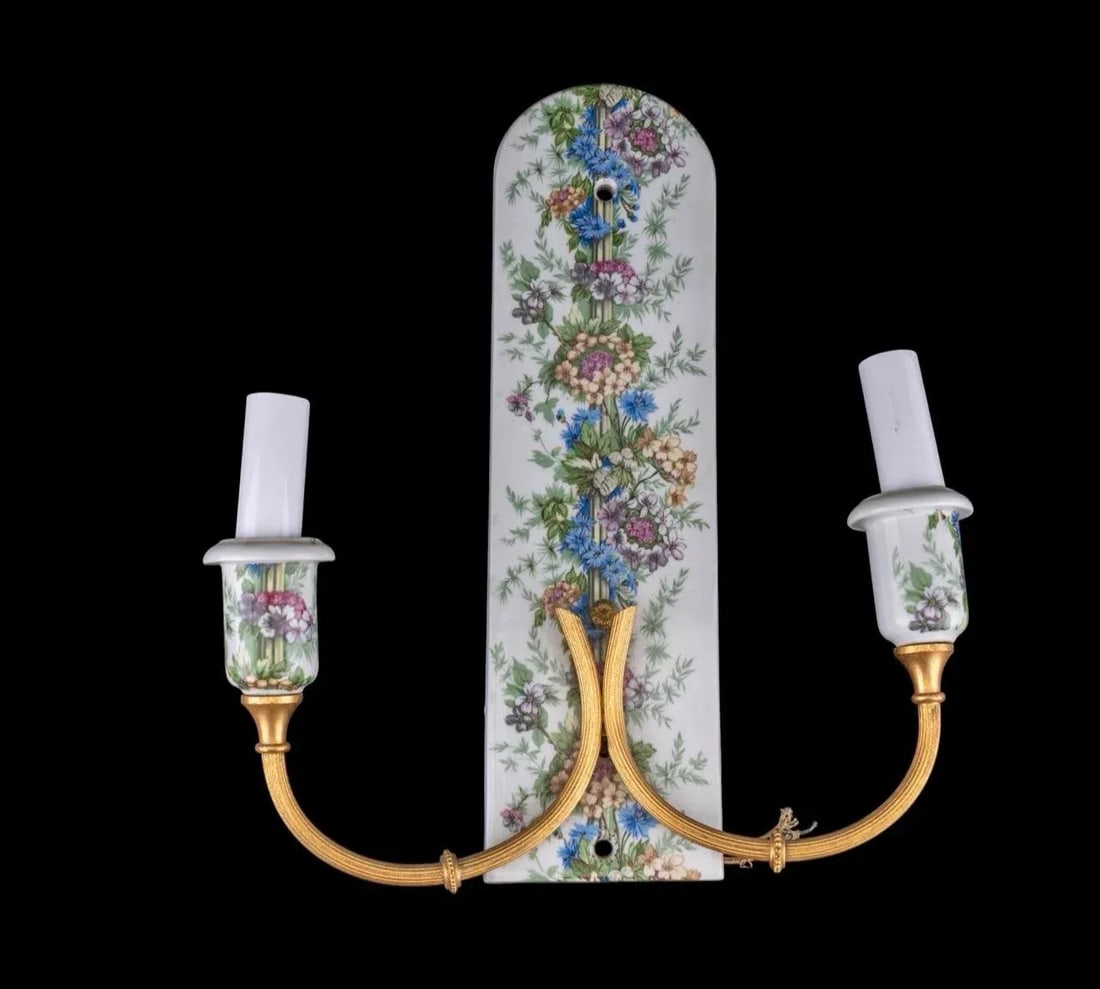 Pair of Vintage Porcelaine De Paris Floral & Gilt Two-Arm Wall Sconces - 12"h - 5