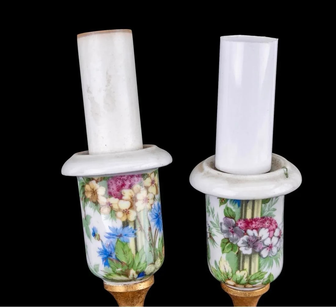 Pair of Vintage Porcelaine De Paris Floral & Gilt Two-Arm Wall Sconces - 12"h - 7