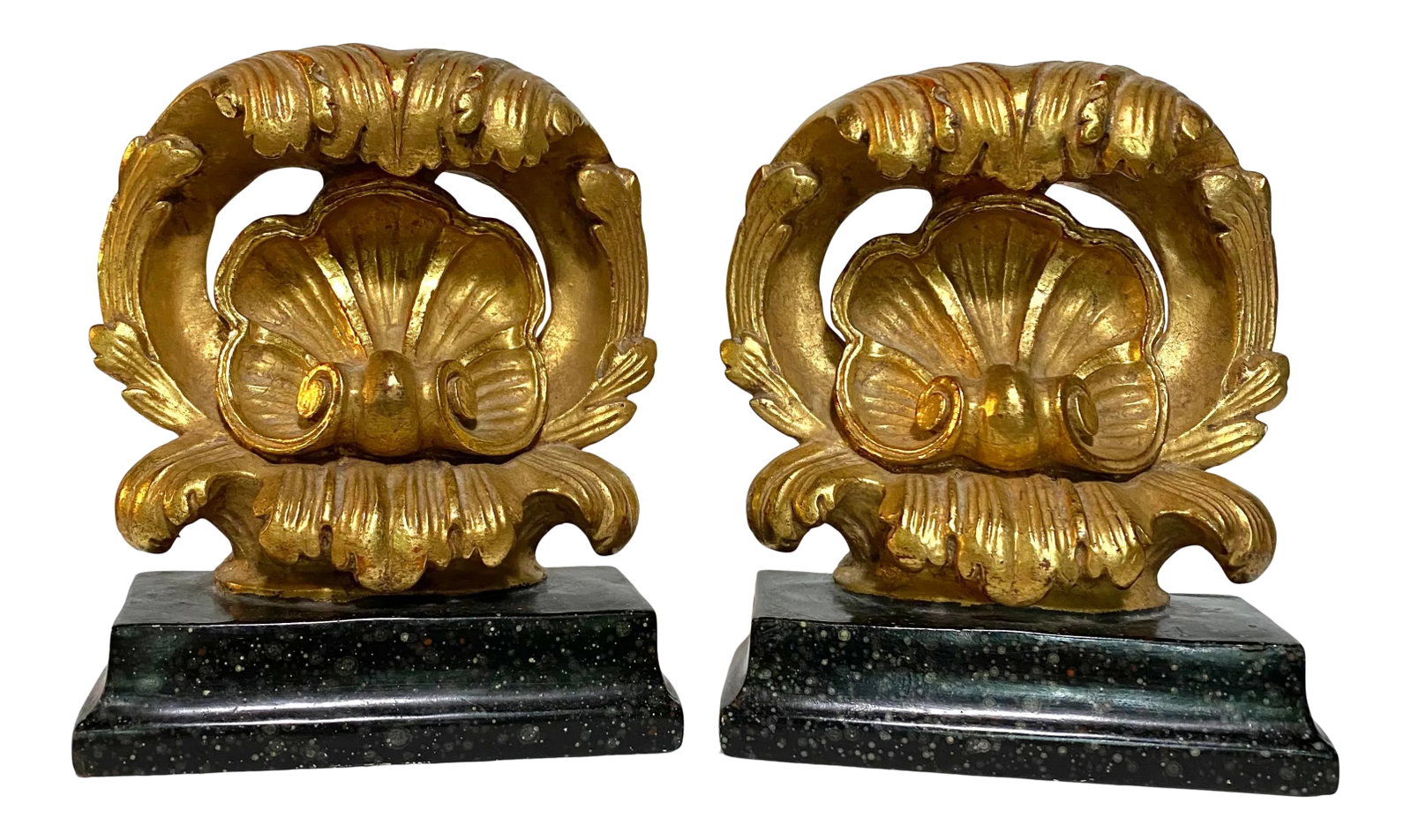 1930s Borghese Corinthian Gold Gilt Bookends - a Pair: Borghese Italy Corinthian Gold Gilt Bookends on Plaster Faux Marble Base Acanthus Leaf Motif Elegant Neoclassical Statement Piece. Condition: Alterations: Original Condition Unaltered Imperfections: