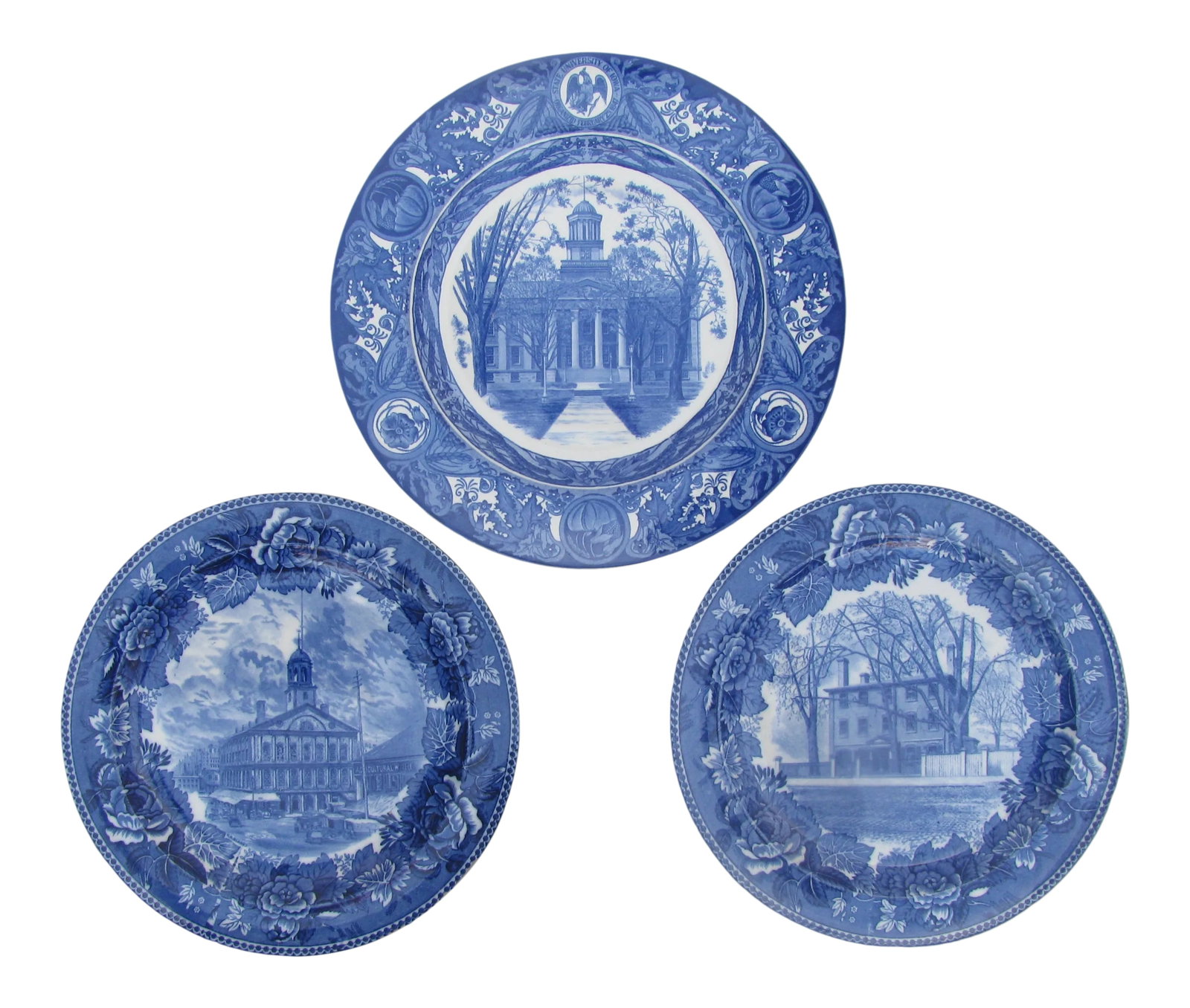 Wedgwood Blue & White Transferware Architectural Plates, Set of 3: Trio of Wedgewood blue & white ironstone transferware plates featuring historical American architecture. The center medallion shows the subject building, two of the plates have matching borders of