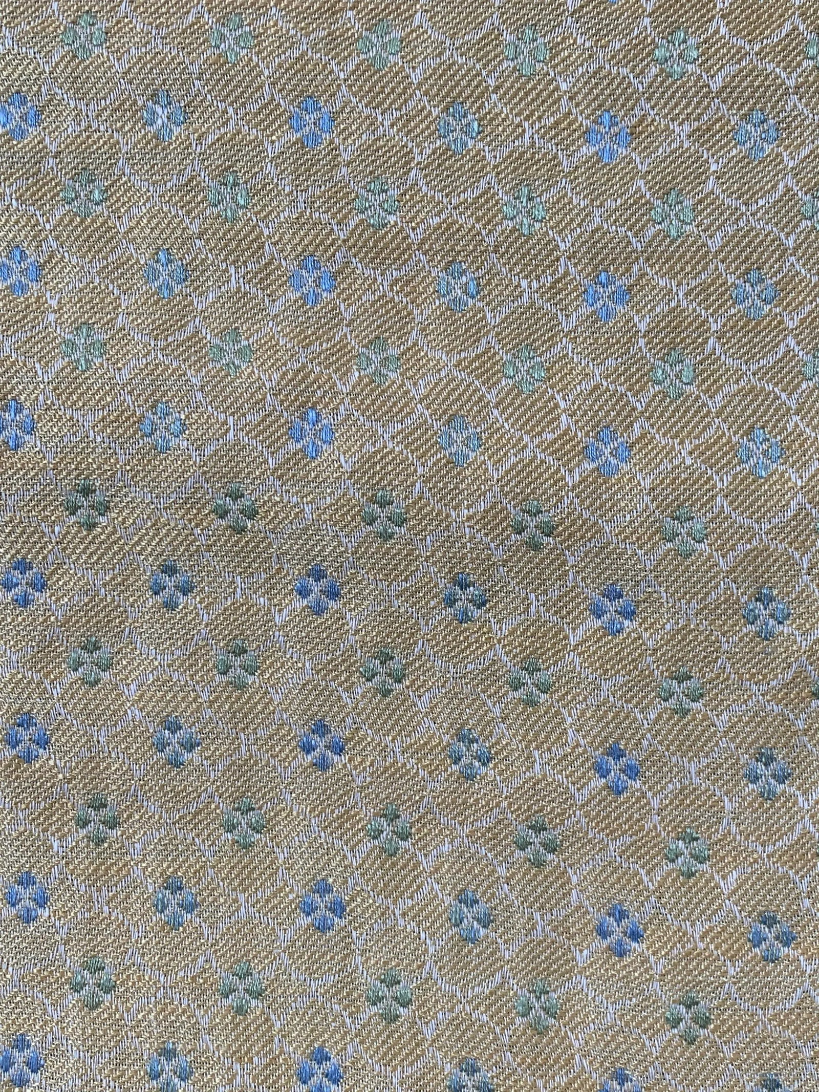 Scalamandre Small Scale Woven Fabric: Wonderful Scalamandre Small Scale Upholstery Fabric, in cotton/rayon. Beautiful color palette of Yellow, Green and Blues. Width:54 inches Length: 126 inches 3.5 Yards Condition: Imperfections: No