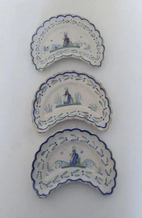 Henriot Quimper Faience Cresent Salad Plates c 1920 - Set of 3 - 6