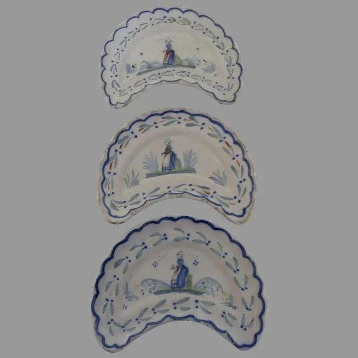 Henriot Quimper Faience Cresent Salad Plates c 1920 - Set of 3 - 7