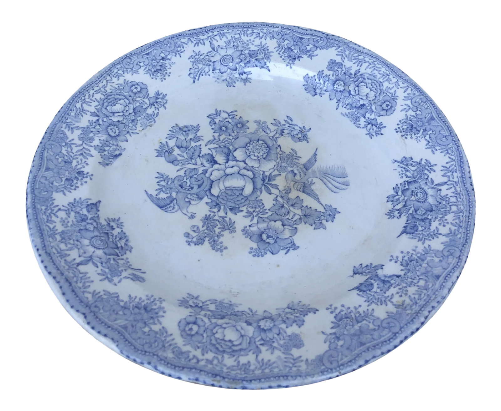 Mid 1800's English Asiatic Pheasant Dinner Plate: A genuine antique Asiatic Pheasant round dinner plate. Beautiful floral designs surround the edge of plate, while a large floral bouquet with majestic pheasants are displayed in the center of the