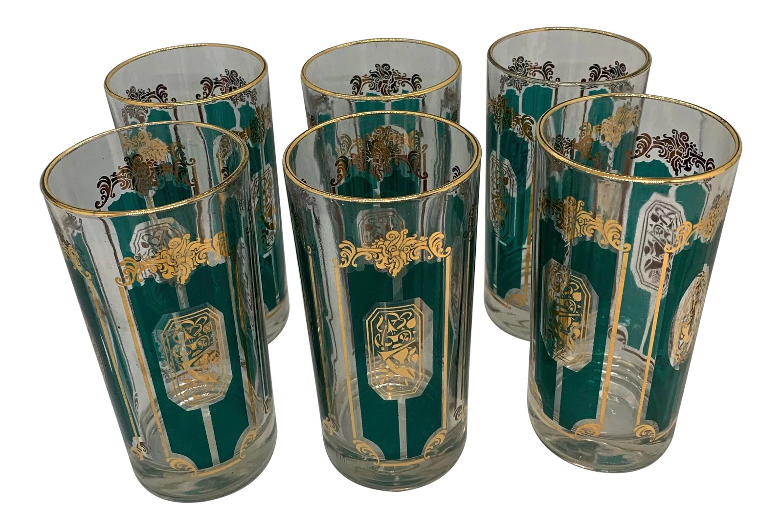 1950s Mid-Century Gold and Aqua Highball Glasses - Set of 6: Just gorgeous set of 6 Mid Century highball glasses detailed in 24 k gold.perfect for the holidays. Condition: Alterations: Original Condition Unaltered Imperfections: Some Imperfections Condition Not
