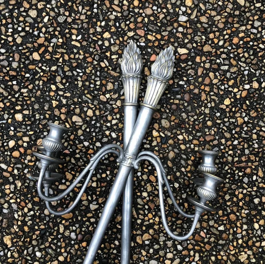 Mid 20th Century Cast Metal Two Arm Torchiere Flame Torch Candle Wall Sconces - a Pair - 2