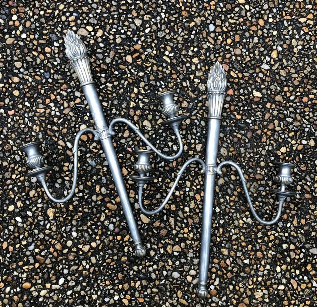 Mid 20th Century Cast Metal Two Arm Torchiere Flame Torch Candle Wall Sconces - a Pair - 7