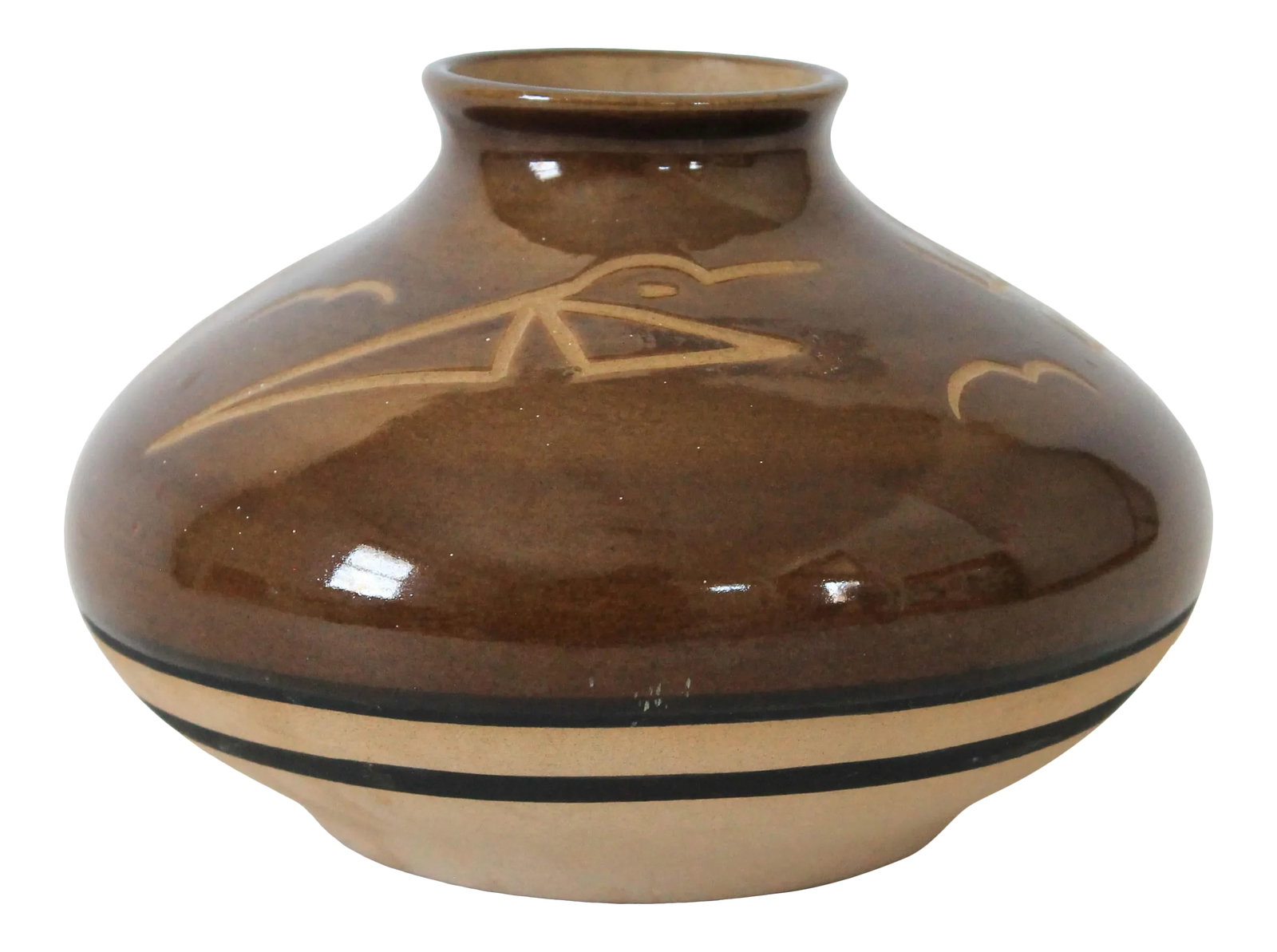 Vintage Brown Pottery Vessel: Decorative vintage brown pottery vessel. No makers mark. Condition: Alterations: Original Condition Unaltered Imperfections: Some Imperfections Condition Notes: Excellent. Materials & Techniques: 
