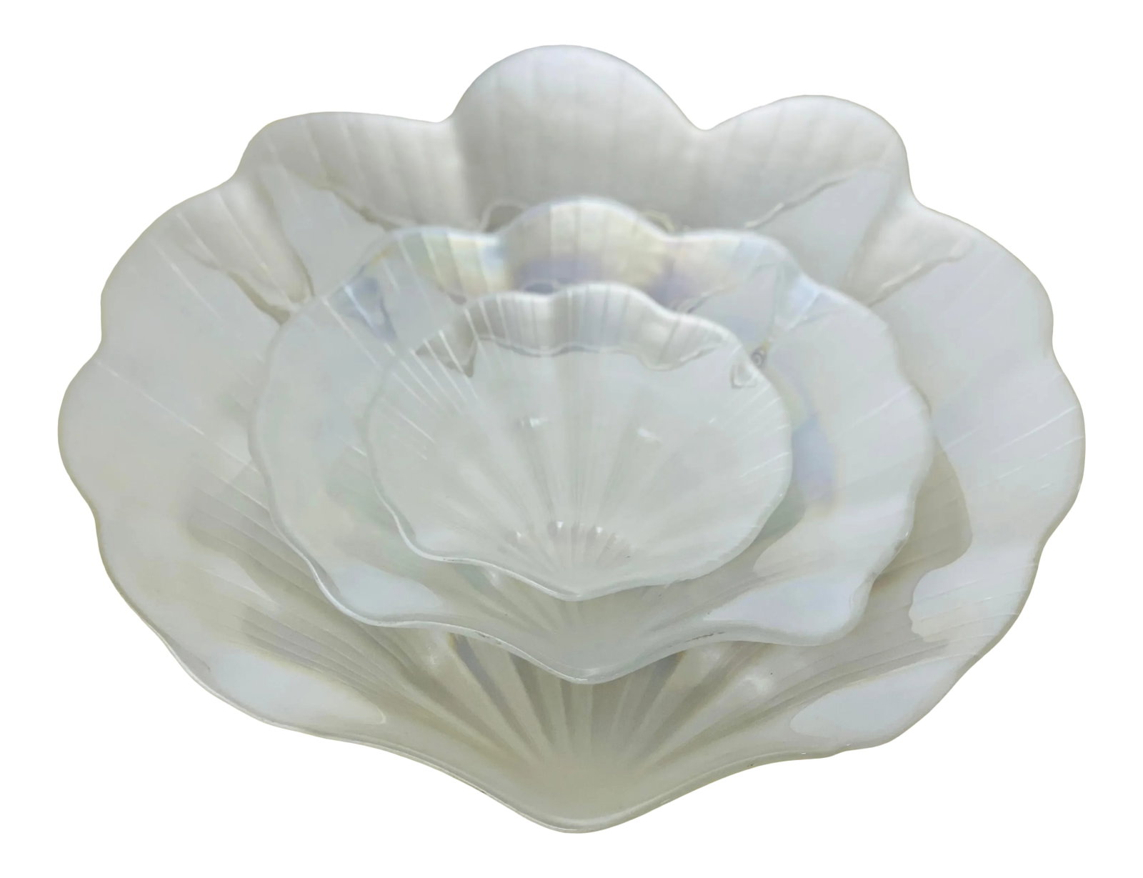 Pearlescent Seashell Plate Set: Gorgeous Set of 3 Decorative Sea Shell Glass Plates with a Pearlescent Finish. Lovely pieces in pristine condition. May be used for decoration or serving. Perfect for any coastal room! Large plate