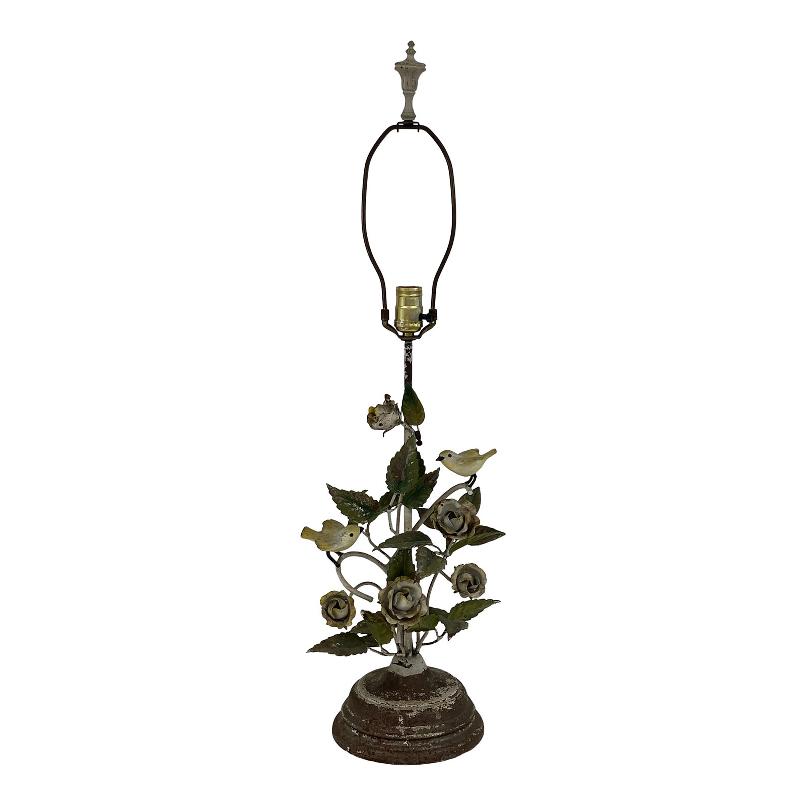 Vintage Italian Tole Bird & Floral Table Lamp, Cottagecore, Circa 1950s: Vintage Italian tole table lamp made in the 1950s. Features two small yellow birds perched among hand-formed metal roses and leaves. Original hand-painted finish in green, cream, and yellow tones. Cra