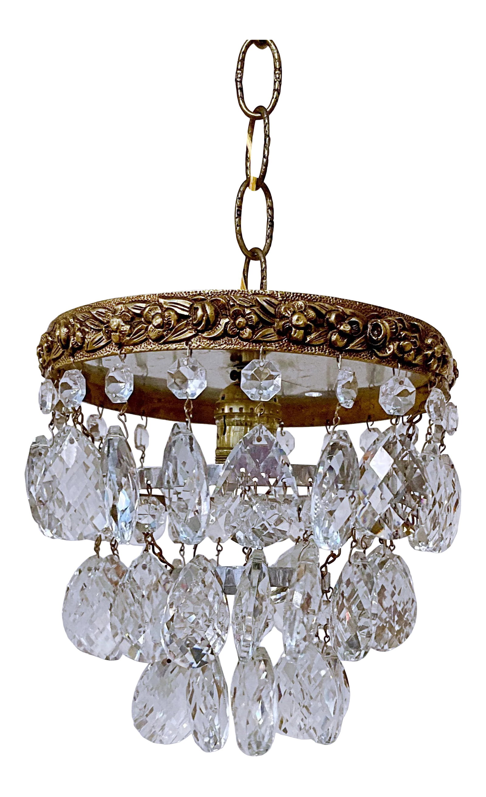 Antique Mid 19th Century Italian Bronze Upside Down Layered Cake Rim Chandelier: Italian upside down layered cake chandelier with bronze rim, octagon and Swedish cut crystal drops. Restored, rewired and it has one Edison base socket that holds a maximum of 100W light bulb or equiv