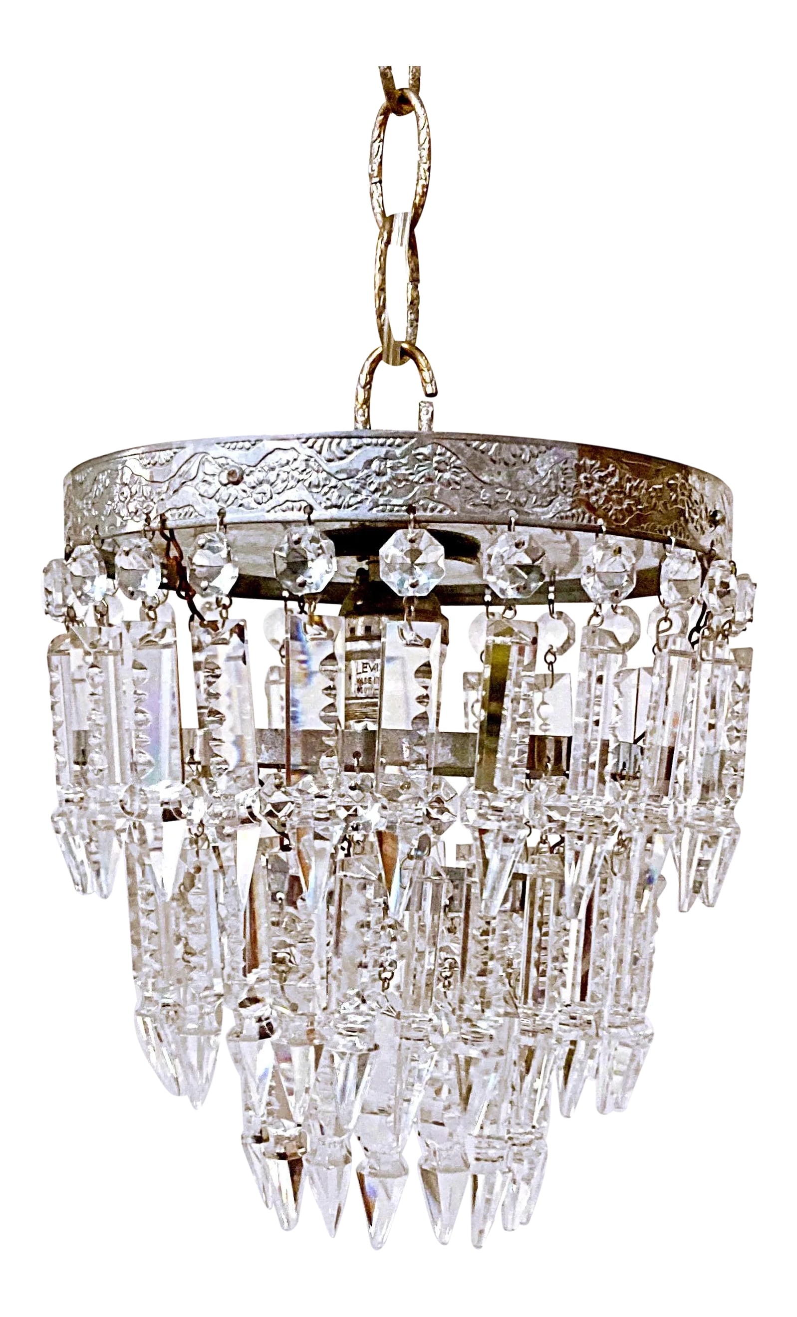 Mid 20th Century Italian Silver Upside Down Layered Cake Chandelier: This is an Italian silver rim chandelier dressed with octagon chain and Spear shaped cut crystals. It is rewired and restored and has 1 Edison based socket. #139 Condition: Alterations: Restored Imper