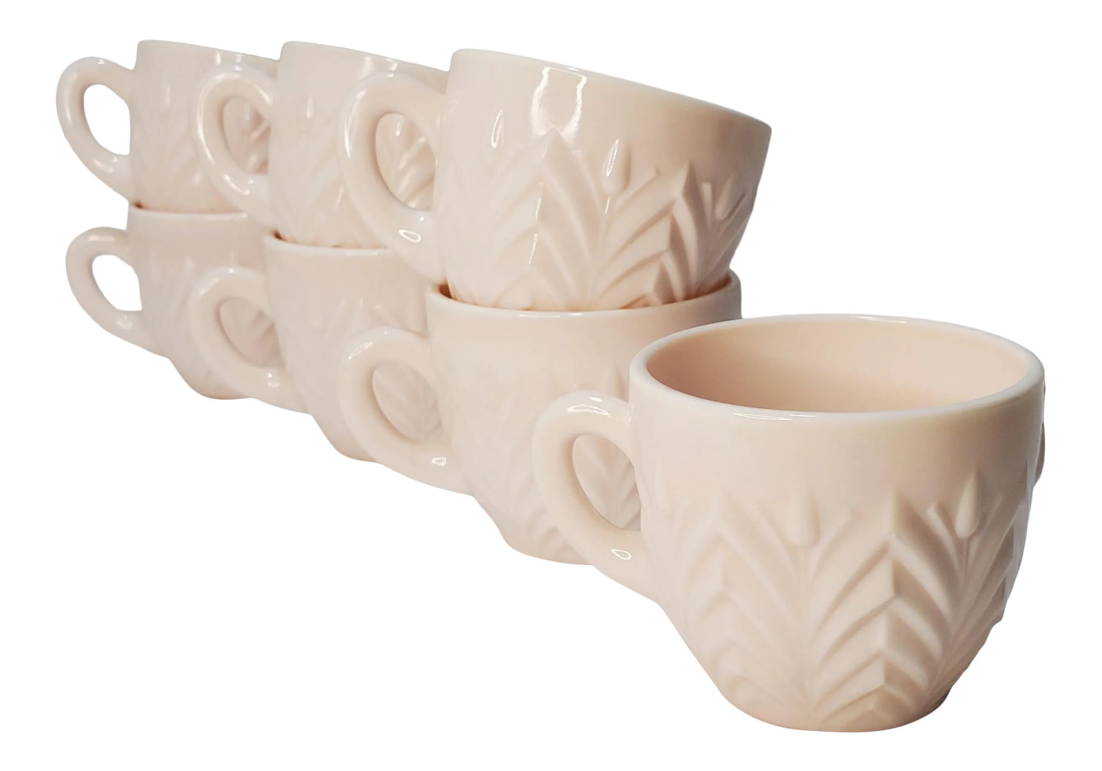 1950s Jeanette Feather Shell Pink Milk Glass Set of 7 Cups: Pattern: Feather Color: Shell Pink Manufacturer: Jeanette Date Produced: 1956-1958 Shape: Tea Cup Condition: Alterations: Original Condition Unaltered Imperfections: Some Imperfections Condition