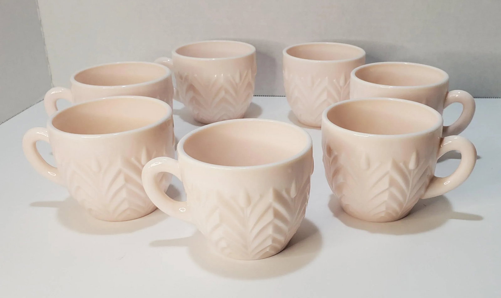 1950s Jeanette Feather Shell Pink Milk Glass Set of 7 Cups - 2