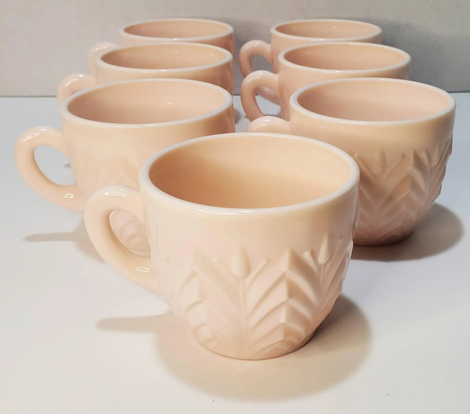 1950s Jeanette Feather Shell Pink Milk Glass Set of 7 Cups - 5