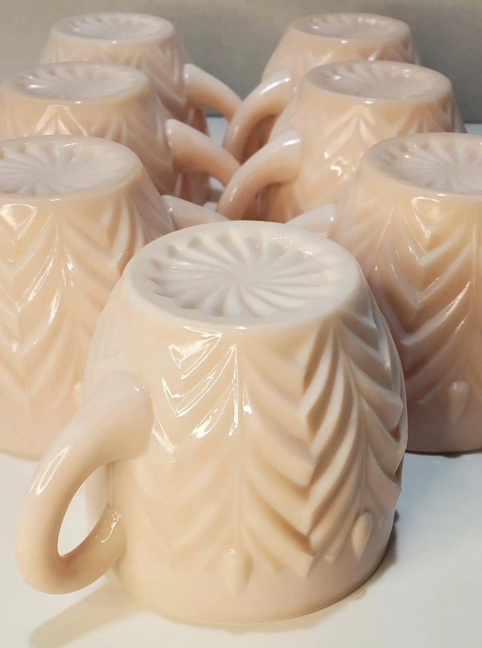1950s Jeanette Feather Shell Pink Milk Glass Set of 7 Cups - 6