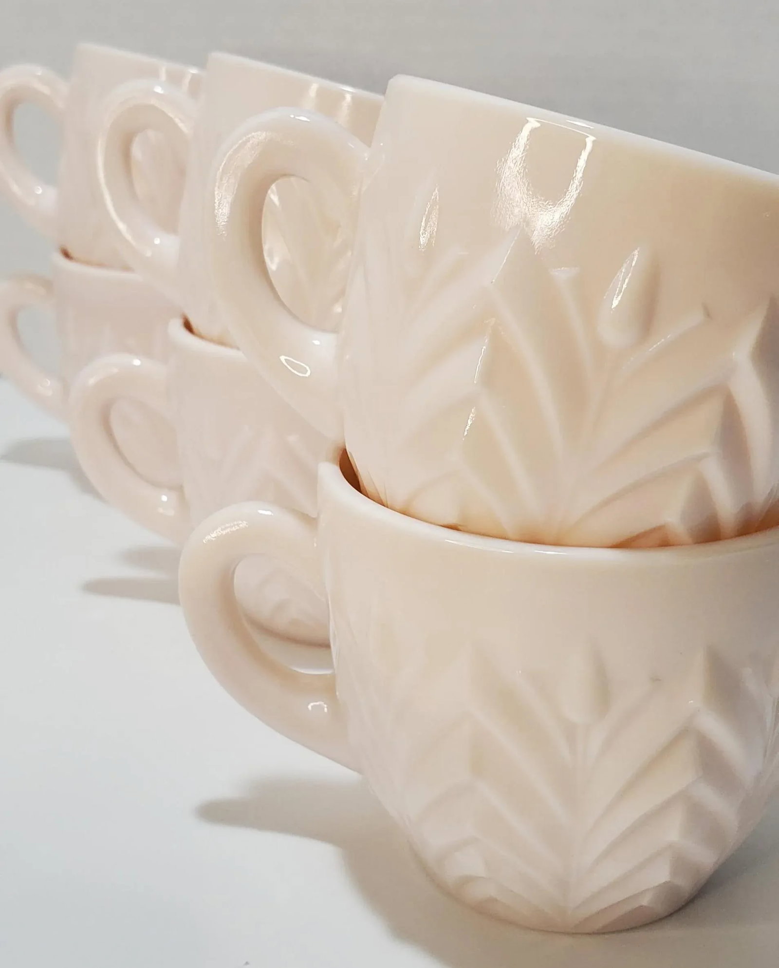 1950s Jeanette Feather Shell Pink Milk Glass Set of 7 Cups - 7