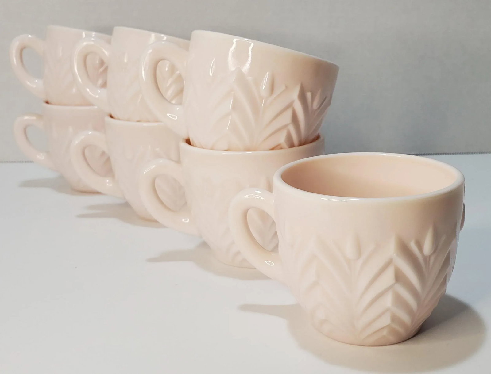 1950s Jeanette Feather Shell Pink Milk Glass Set of 7 Cups - 9