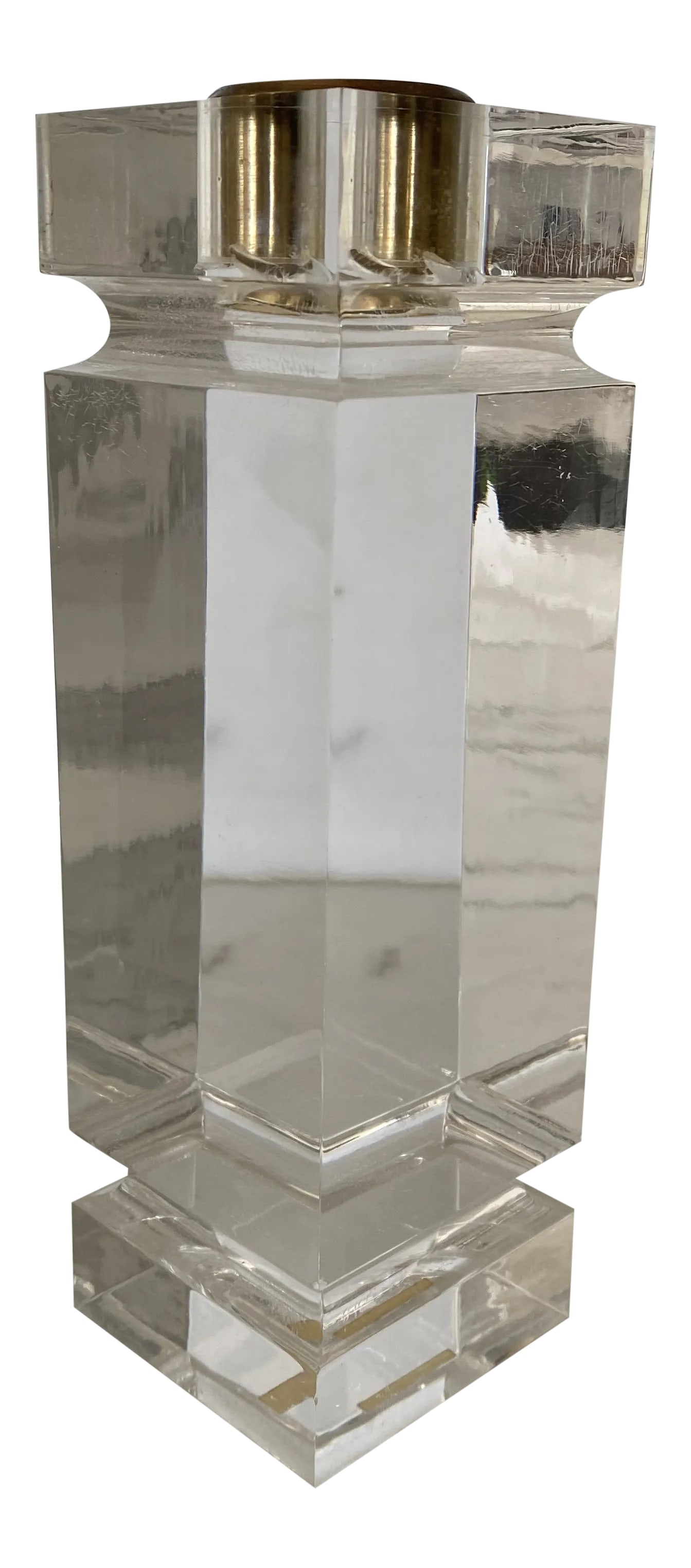 Monumental Italian 1986 Art Deco Acrylic and Brass Candleholder: Fabulous, incredibly heavy acrylic candleholder by Italian maker Dolbi Cashier, dating to 1986. Terrific Art Deco style. Dramatic, impactful piece with clean lines. Solid brass removable bobeche.