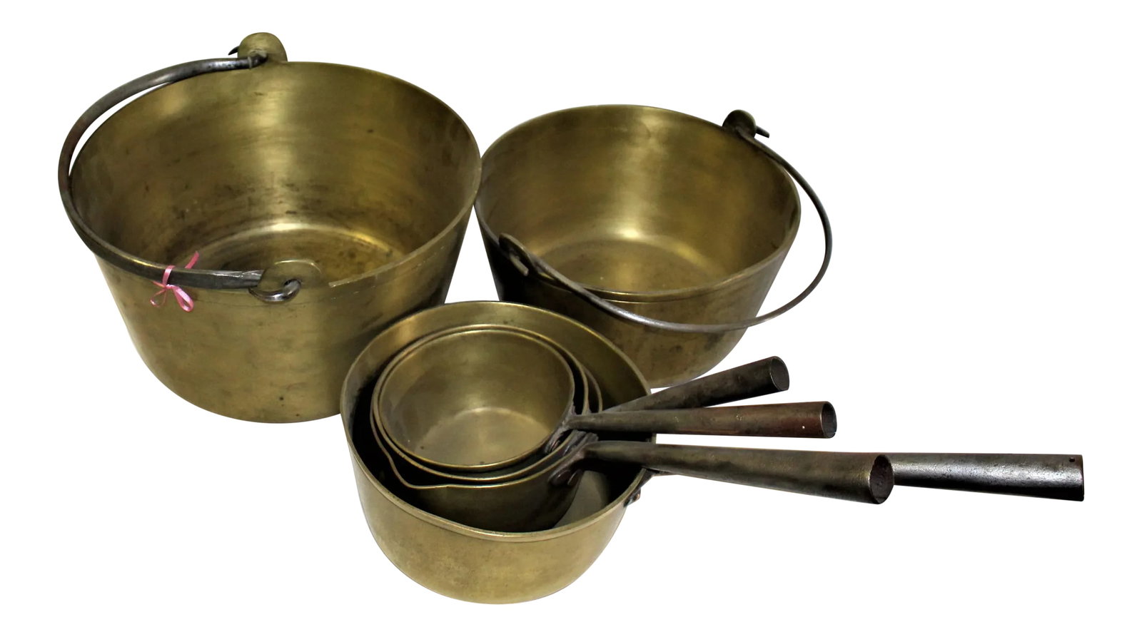 Antique Early 20th Century Brass Jam Pots, England - Set of 6: Good condition solid brass cooking pots. From an Antique dealer in LA. They have hand made steel handles that are Riveted on with copper rivets. In great condition for their age, well taken care of!