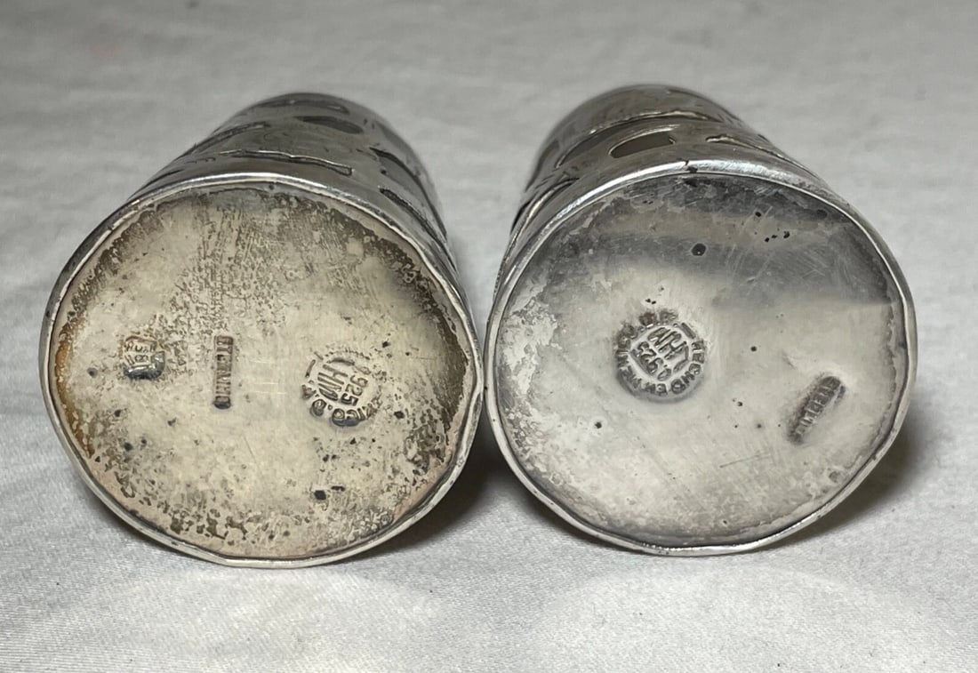 Pair Vintage Mexican Openwork 925 LHM Sterling Silver Glass Salt & Pepper Shaker - 4