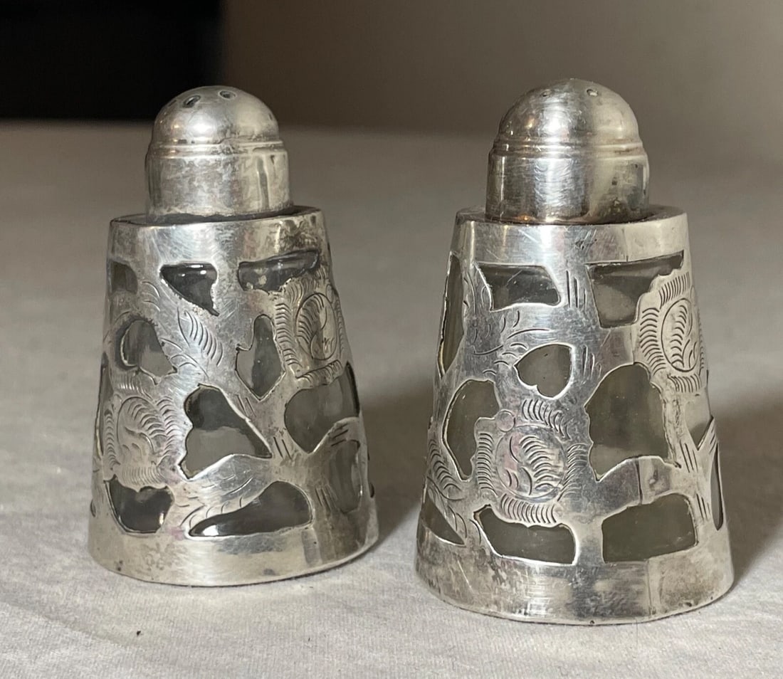 Pair Vintage Mexican Openwork 925 LHM Sterling Silver Glass Salt & Pepper Shaker - 5