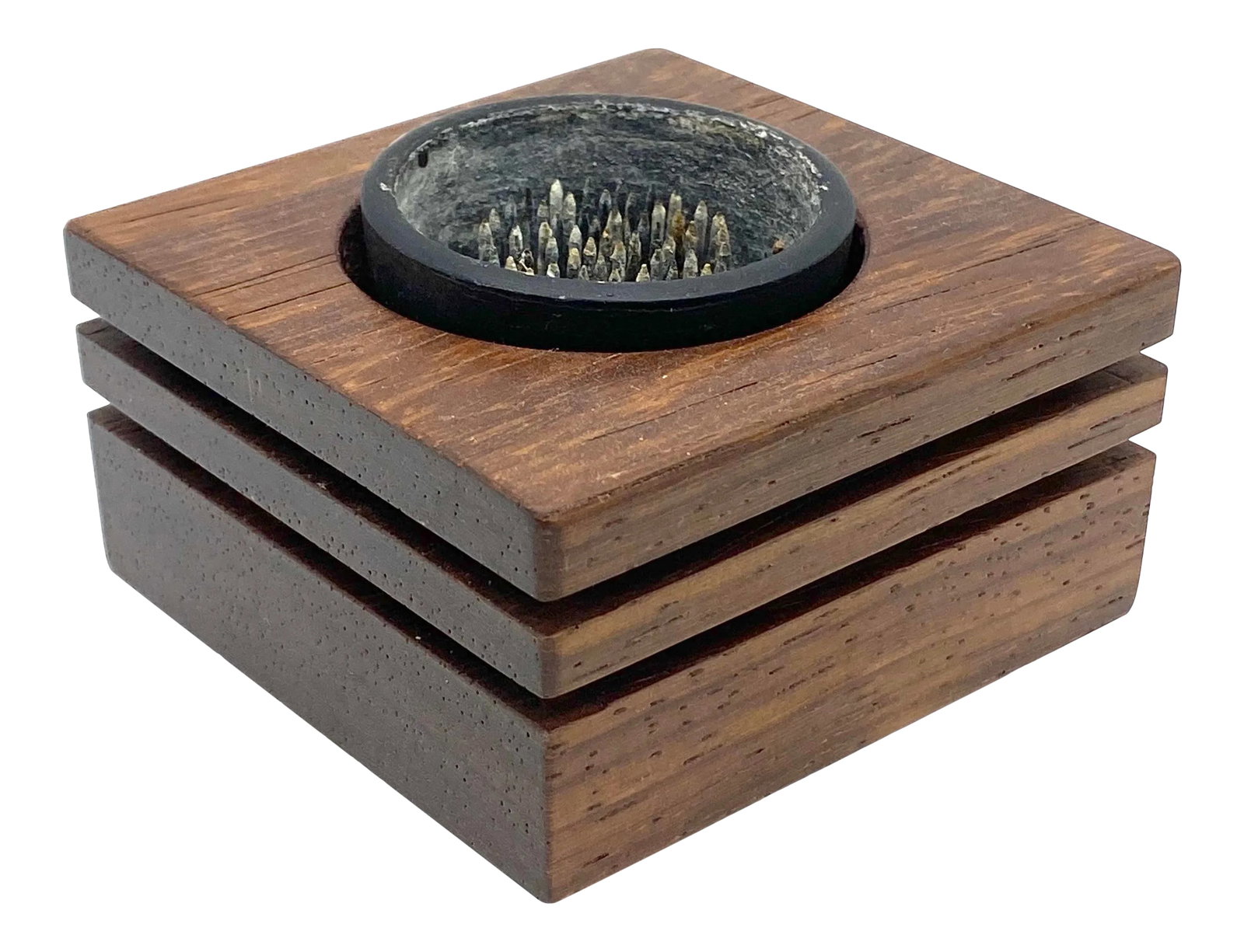 Handmade Ikebana Modern Wood Flower Frog - Artist Signed: From the estate of a modern Japanese architect in La Jolla, this handmade Ikebana flower frog is beautifully made and artist signed. Measures 3 x 3 x 2. A work of art worthy of displaying with or with